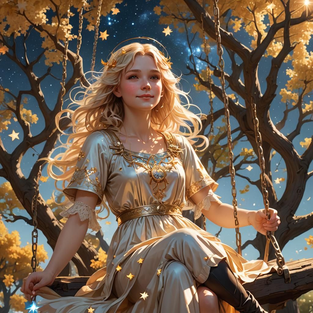 Happy blonde angel sitting on a swing hanging from the tree ...