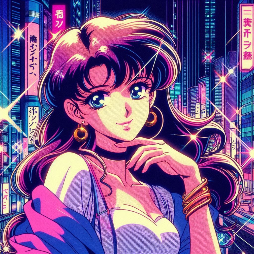 a 1980s anime style image of a woman fashion model drawn in ...