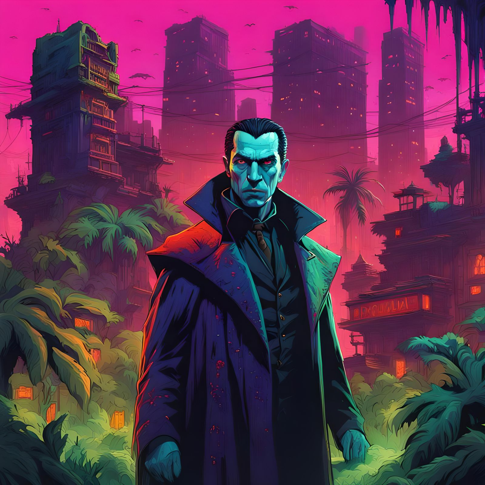 Portrait of Dracula in a post apocalyptical city of neon wit...