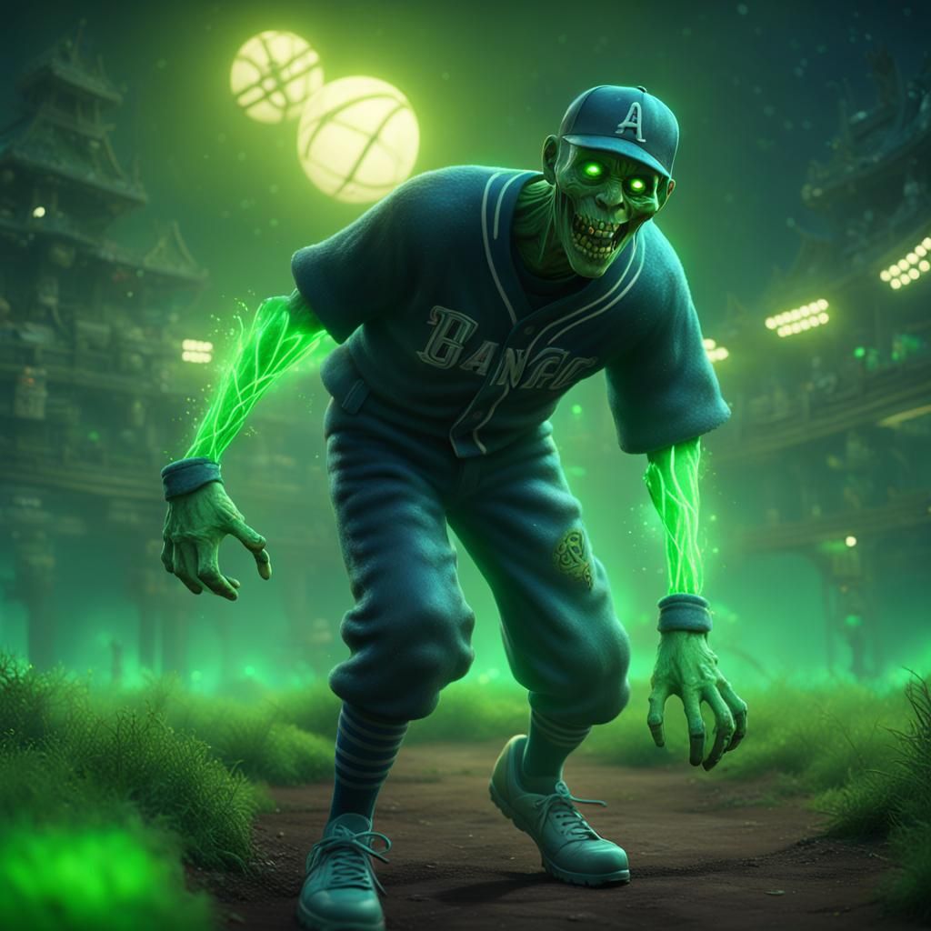 ghoul plays baseball in midnight, green glowing environment ...