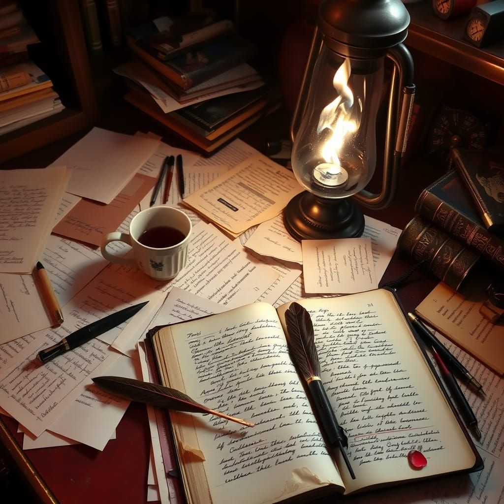 A writer's desk piled high with notes, scattered papers, ink-stained quills, and an open, well-worn journal. ...  by @CluClee17