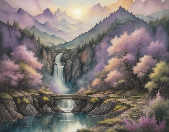Prismatic Waterfall Fantasy Art in Watercolor Style