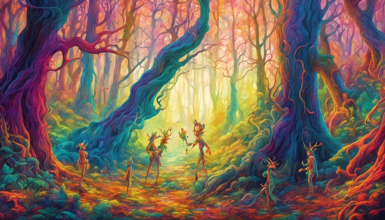 wood elves having psychedelic daydreams in a psychedelic fan...