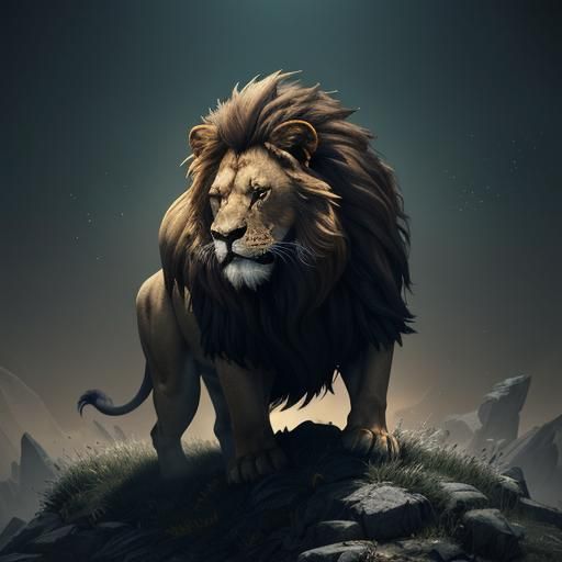 A fantasy card game illustration of an angry lion with glowi...