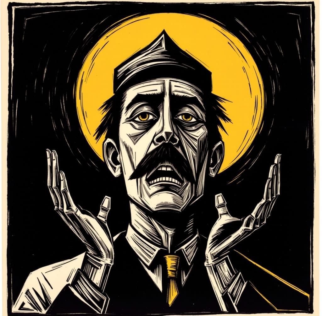 <lora:German Expressionism:1.0> A German Dictator, rendered in a German Expressionist woodcut style.