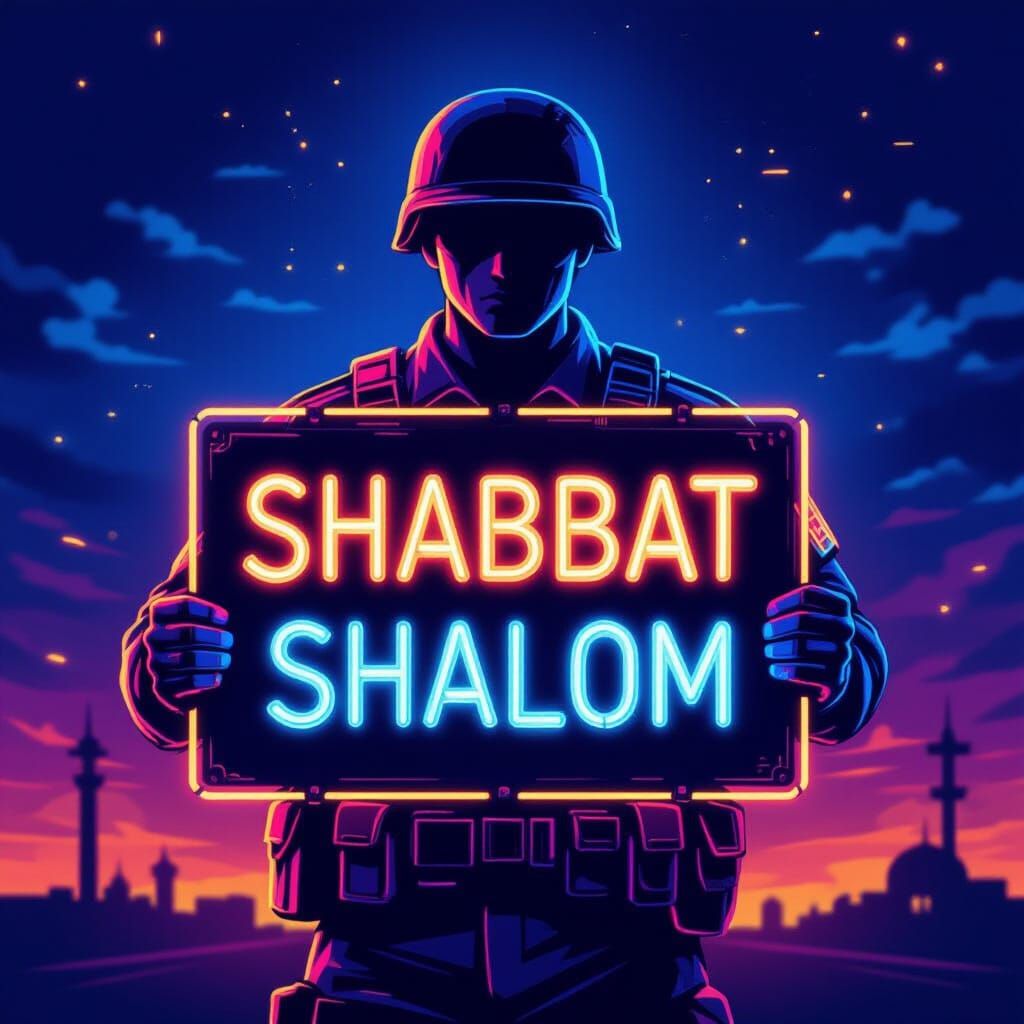 Neon Soldier Sculpture with Shabbat Shalom Sign
