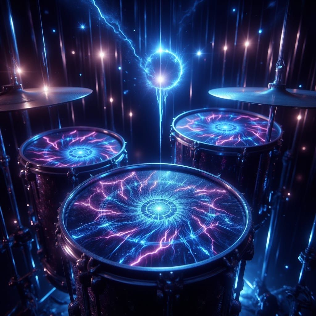 <lora:-Omnious-:1.0> Drumsticks on snare drumkit intricate sacred geometry patterns etched into the metallic drum surface glowing with soft ...
