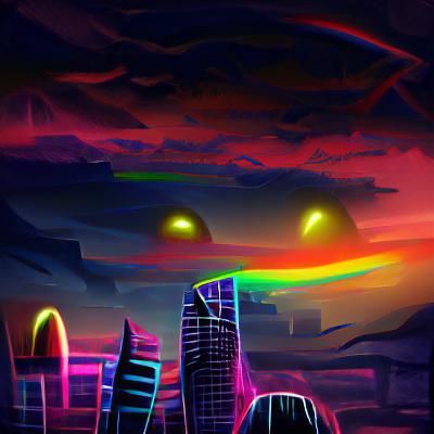 dark neon alien city; Rainbow Sunset