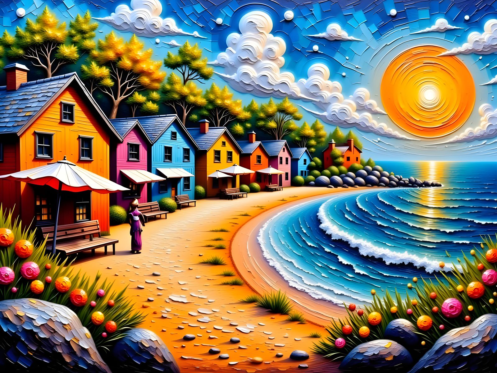 <lora:Palette Knife:1.0> Cozy seaside village, warm golden light, rustic cottages, vibrant colored buildings, lively atmosphere, painted in ...