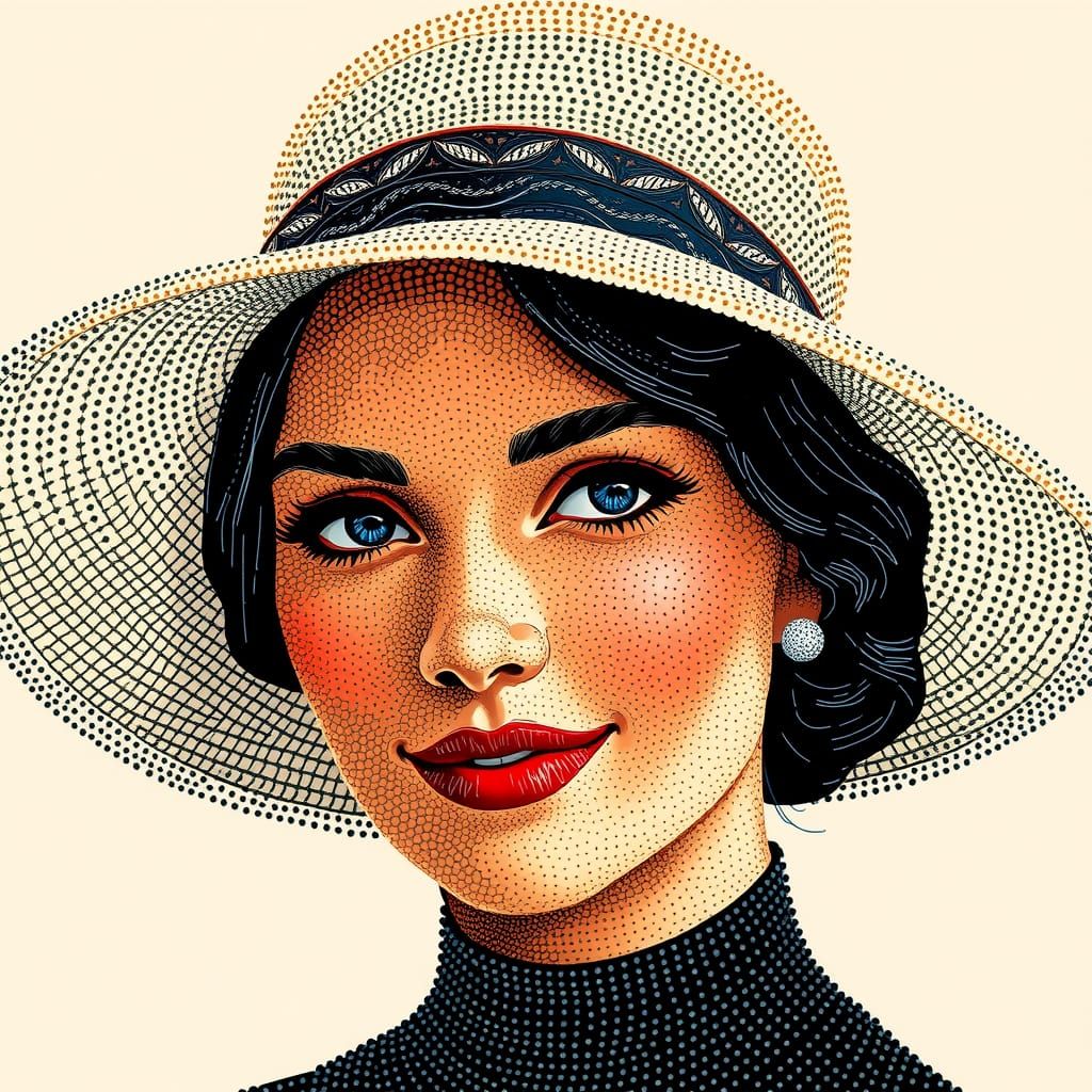 Elegant Woman in Pointillist Portrait with Wide-Brimmed Hat