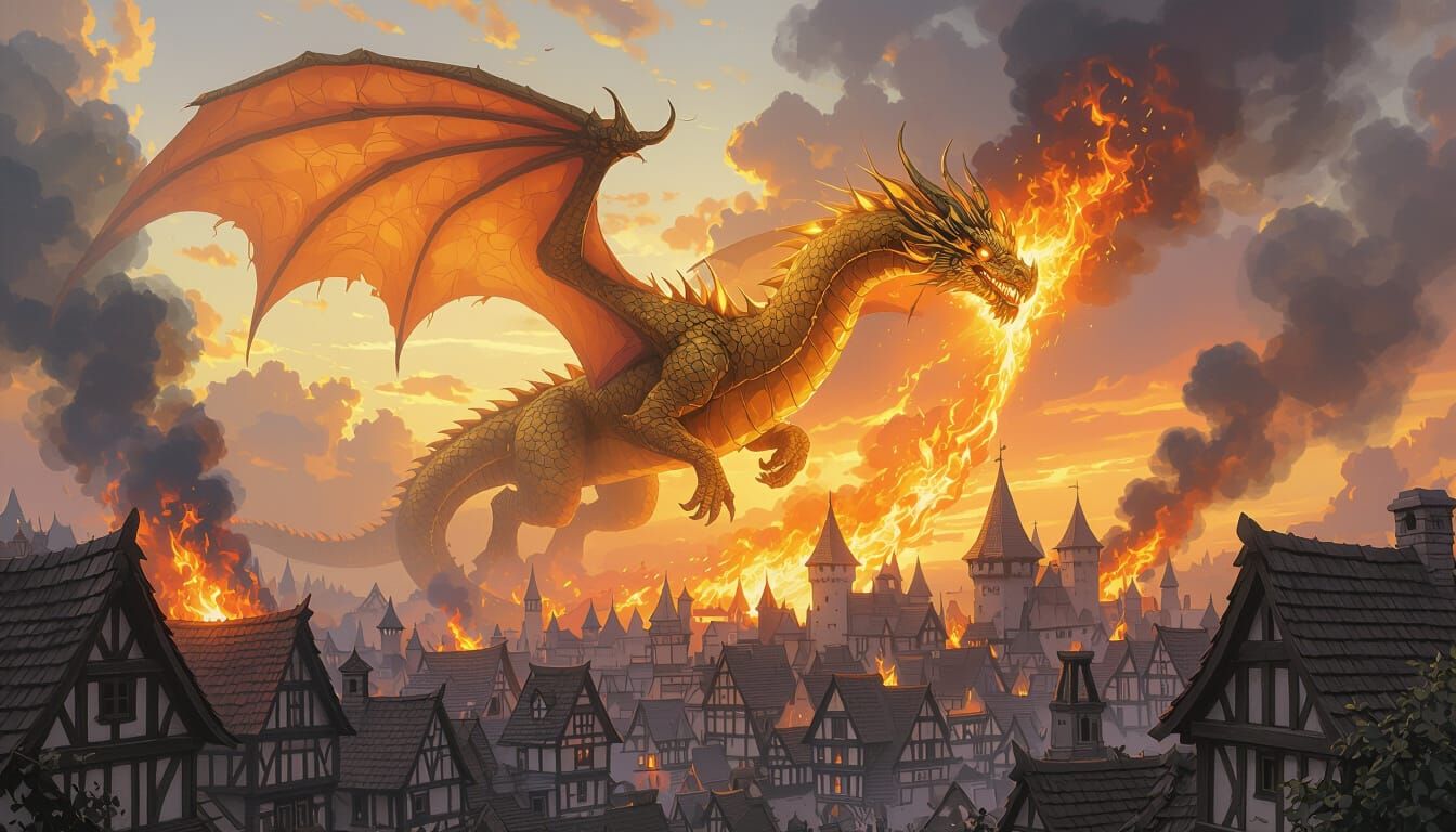 golden dragon flying over a small medieval town while flaming the buildings with a single breath of fire and smoke
