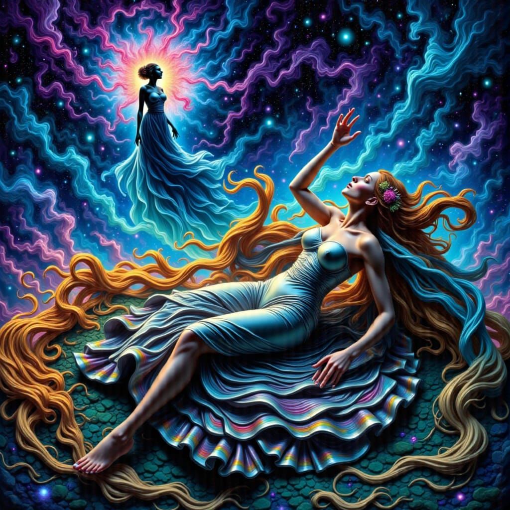 Woman Floating in Vibrant Nebula, Airbrush Style