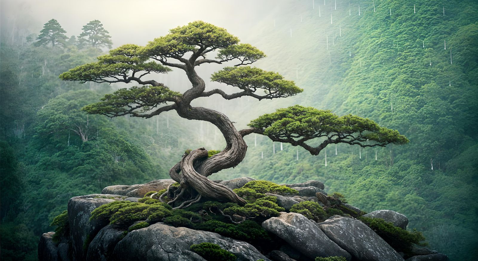 the most amazing bonsai tree on a high mountain ledge on a light rain foggy morning bright colors 8k ...  by @YoelTheOne