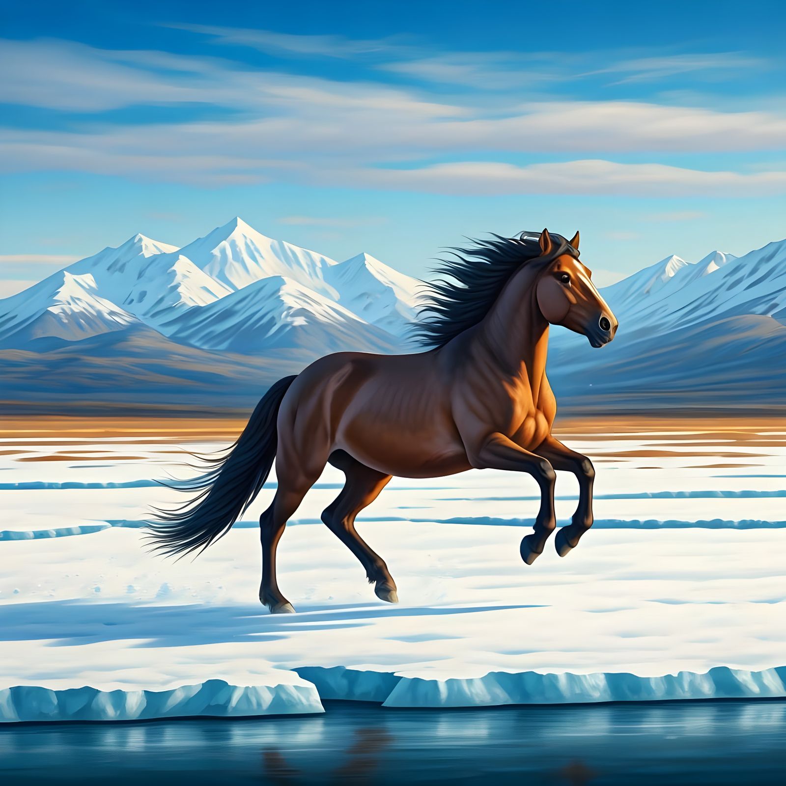 Wild Stallion Gallops Across Icy Tundra Landscape