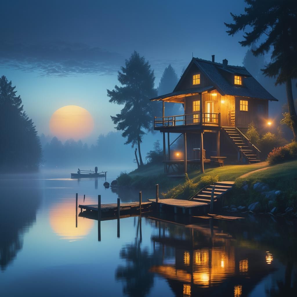 A small fisherman's house with a jetty on a lake at blue hou...