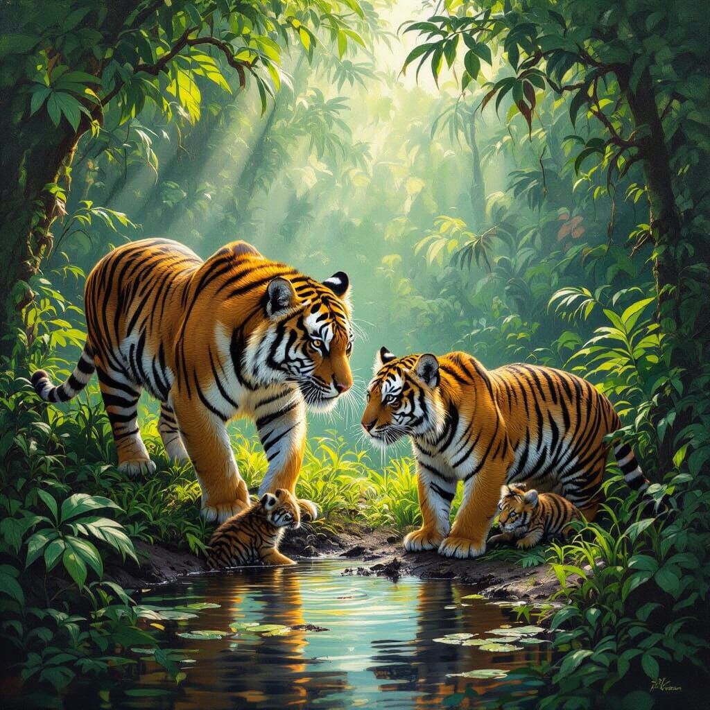 A male tiger sneaking up on a female tiger while she's peeing and her kits are with her but make it in the amozon