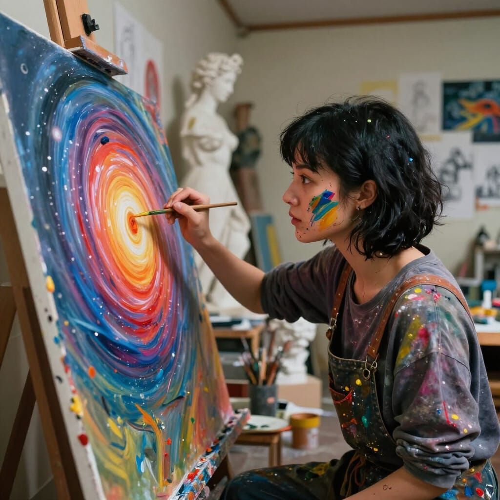 Artist in Creative Flow Conjuring Cosmic Canvas