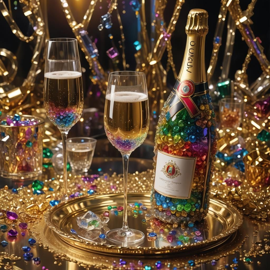 Rainbow crystal champagne bottle with champagne flute on gol...