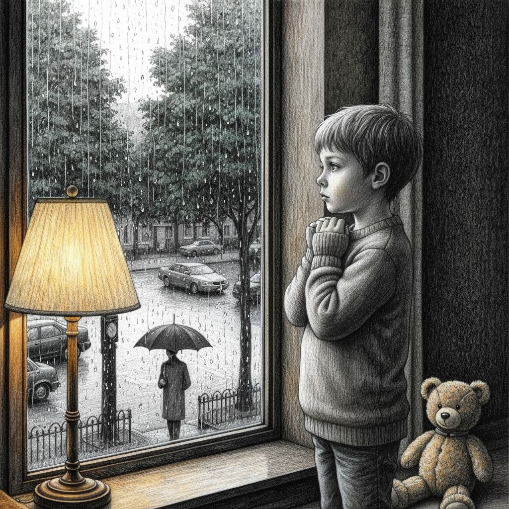 Boy Gazing at Rain: Intricate Pencil Drawing