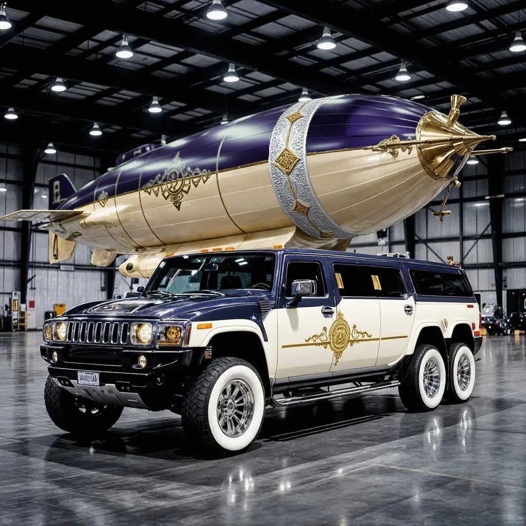 A Humvee Limousine and a Zeppelin with rococo decoration