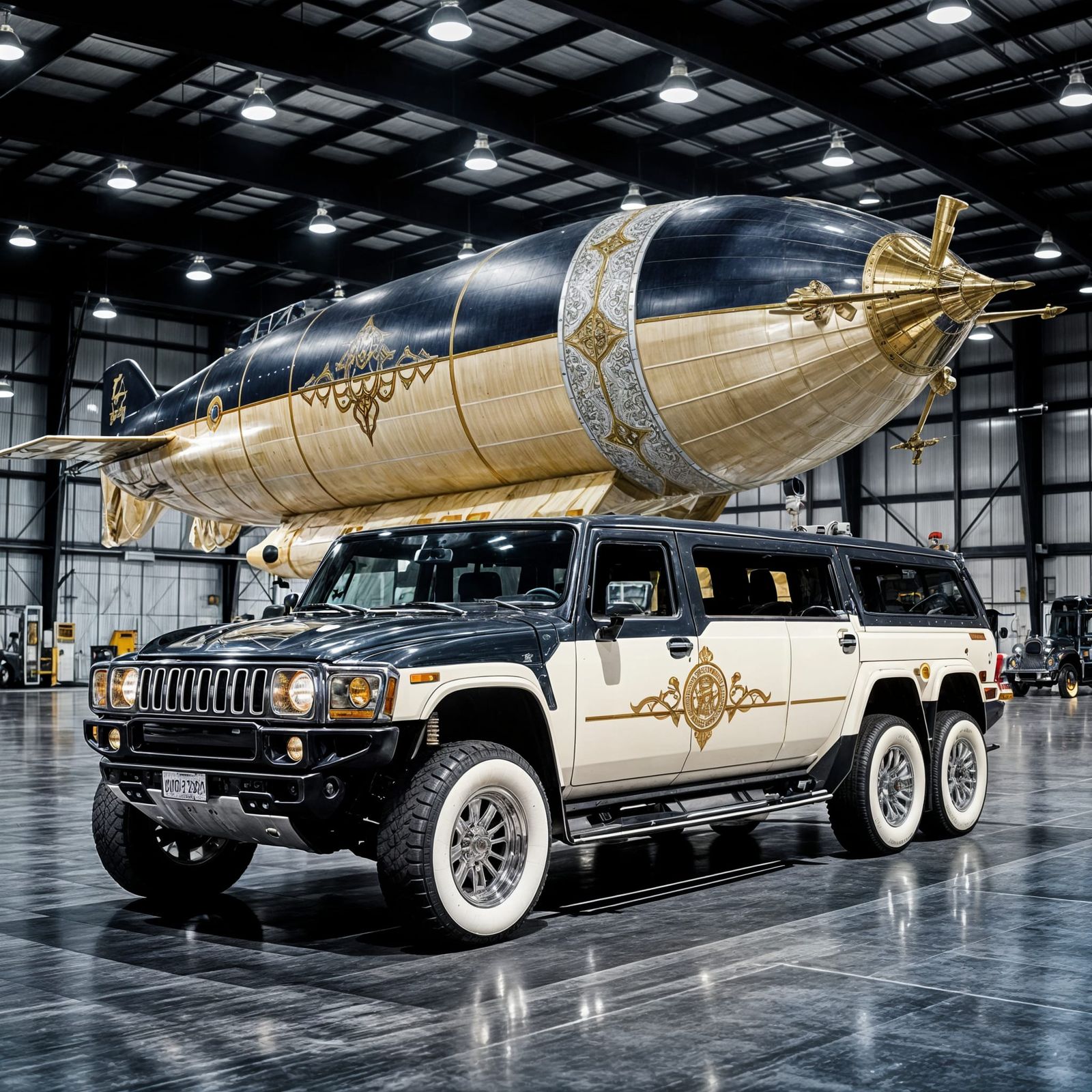 A Humvee Limousine and a Zeppelin with rococo decoration