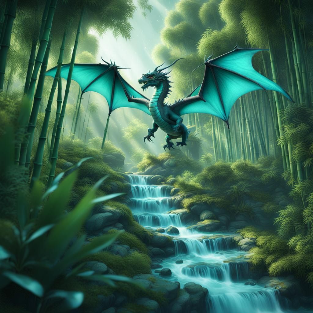 a dragon with light turquoise scales flying above a bamboo f...