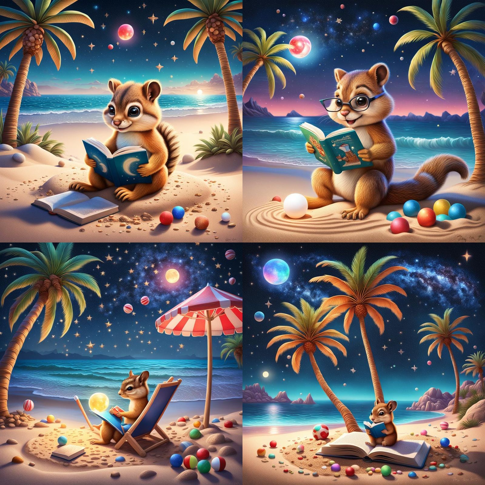 Chipmunk reading a book under starry sky by palm tree on bea...