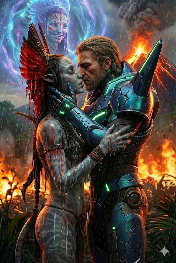 varang crying and standing in a jungle forest set ablaze with a volcanic eruption in the distance while a reformed sylux...