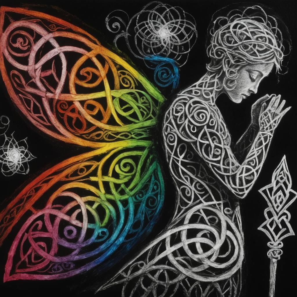 <lora:Knotwork Sketches:1.0>  Crayon drawings ,surreal  friendly celtic knotwork  raven bird silhouette  , child's drawing , rayograph Man R...