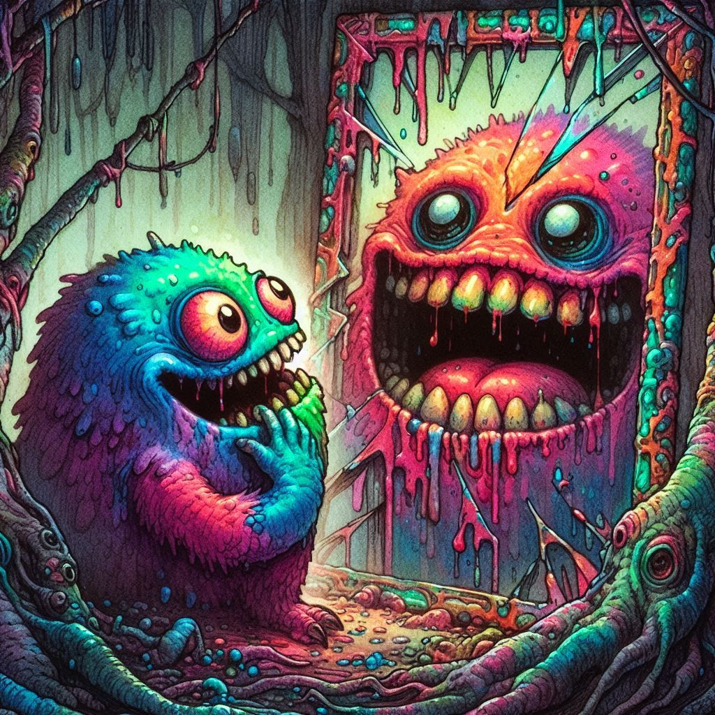 Surreal macabre analog horror whimsical weirdcore style glitch art image, thick watercolor intricate medium length view of a happy colorful...