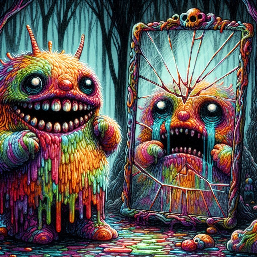 Surreal macabre analog horror whimsical weirdcore style glitch art image, thick watercolor intricate medium length view of a happy colorful...