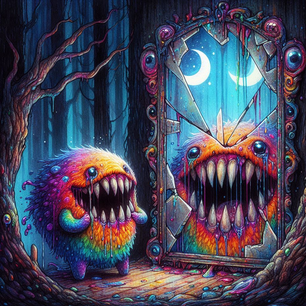 Surreal macabre analog horror whimsical weirdcore style glitch art image, thick watercolor intricate medium length view of a happy colorful...