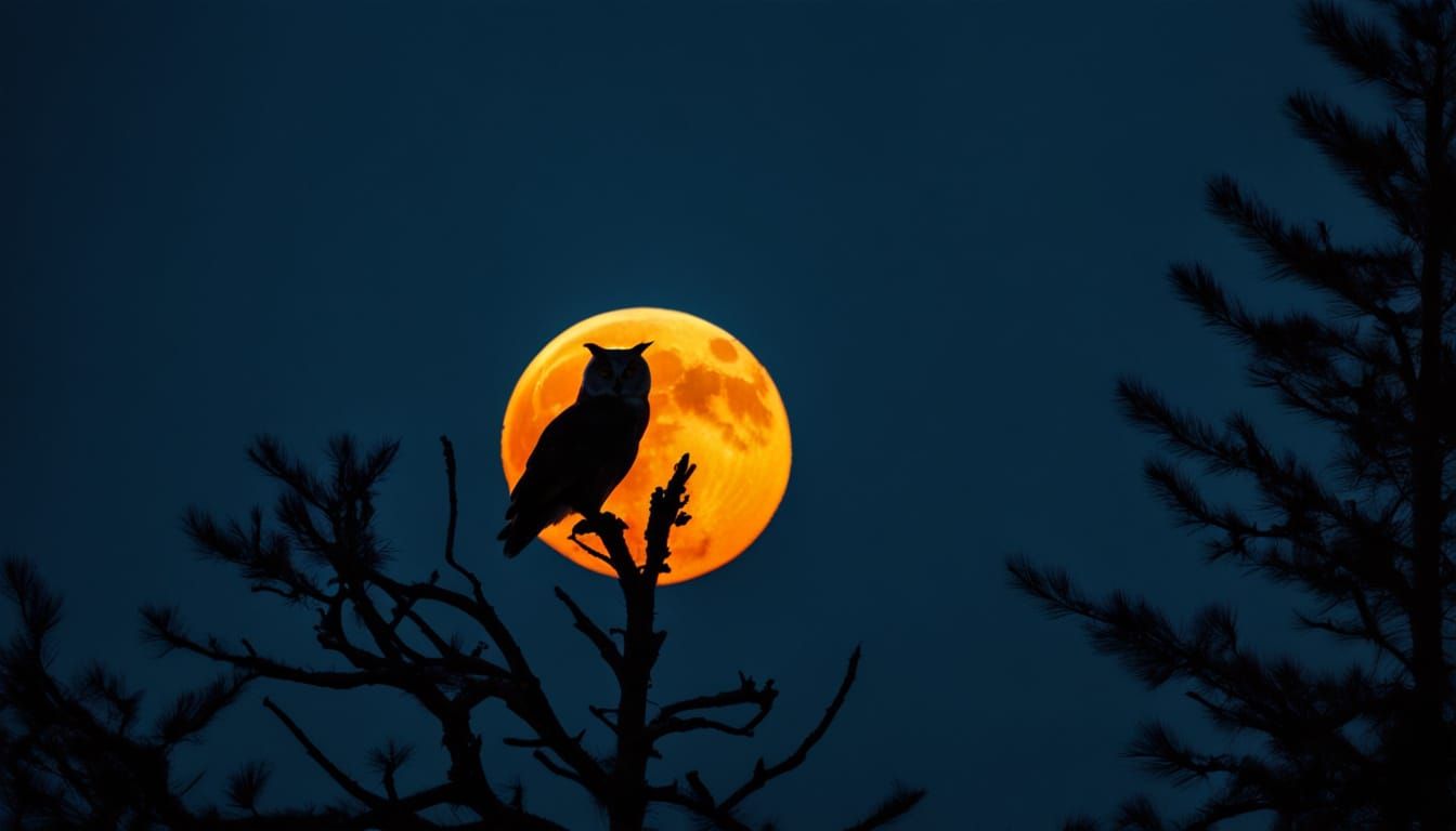 a large bright orange moon behind the silhouette of an owl in a tree  by @Dantonio