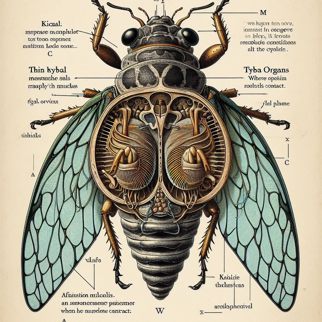 Closeup diagram illustration of the underside of a male cicada
