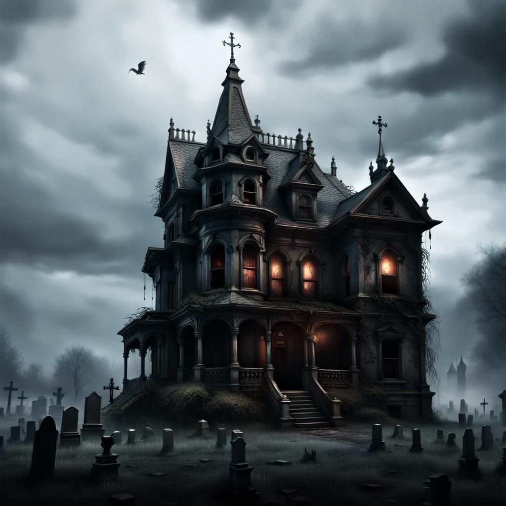 old haunted house, cemetery on the side