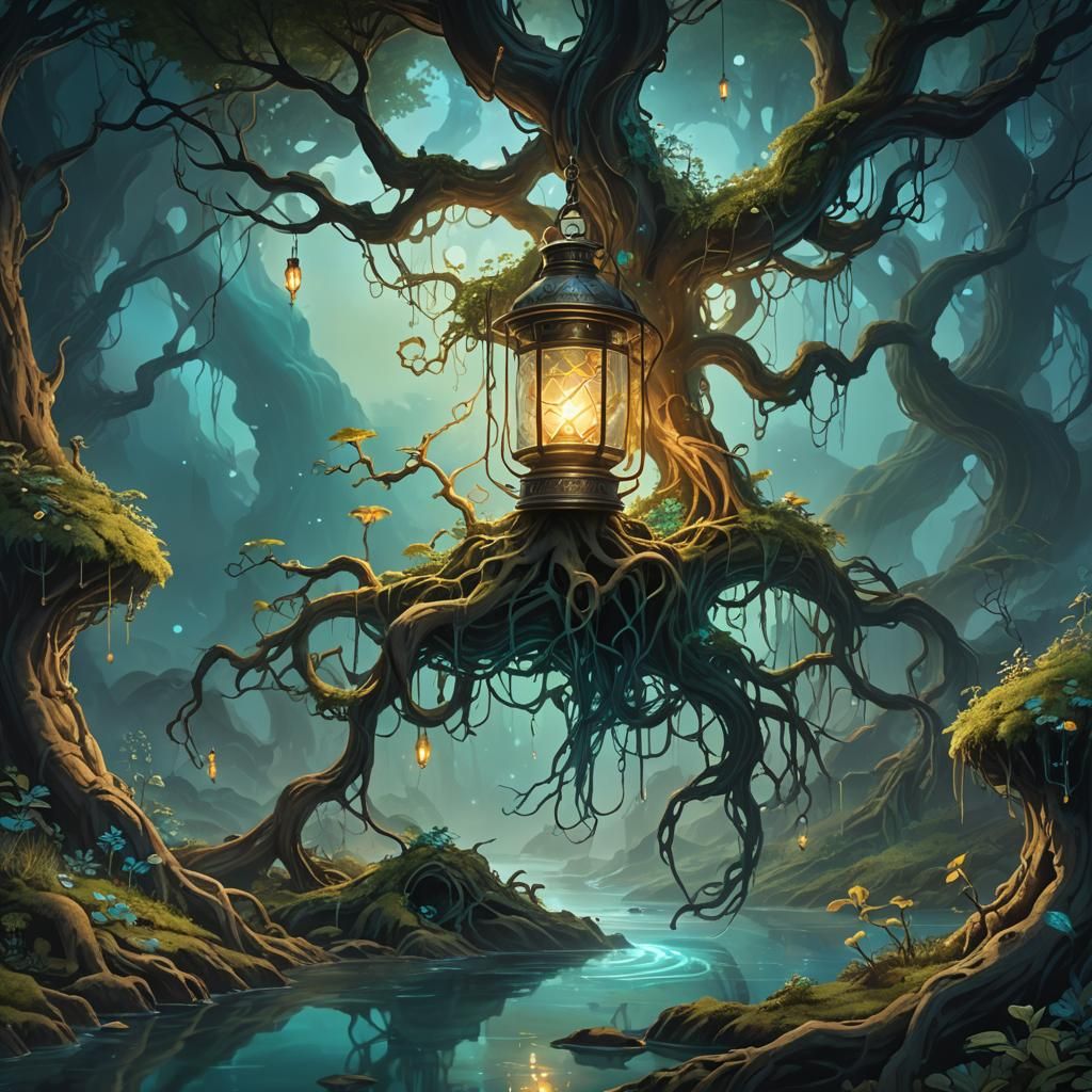 Mystical Lantern in Dreamlike Landscape: Fantasy Art