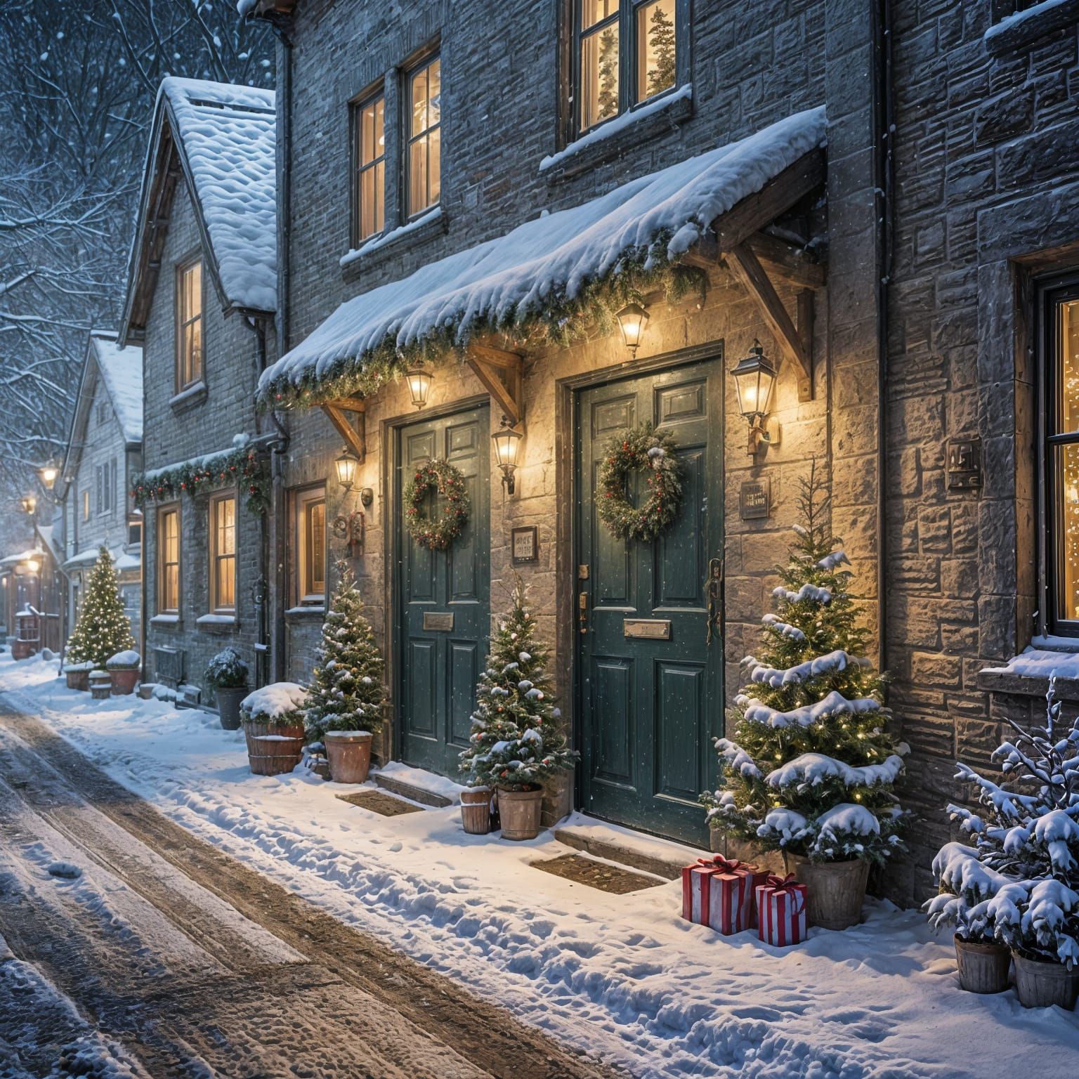 chalk art: A snowy village street with lights and wreaths on every door. A Christmas tree In the forefront, ...  by @Oma
