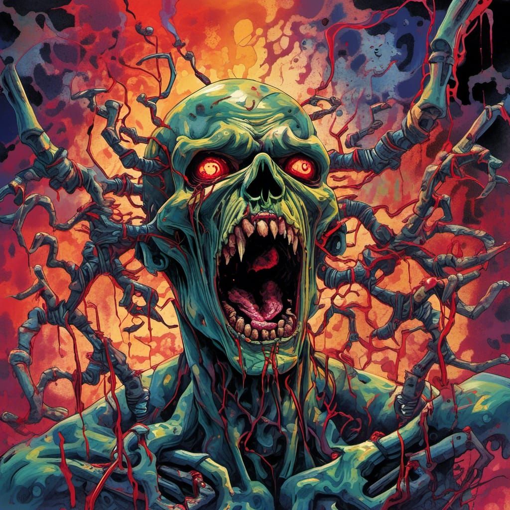 Techno zombie screaming in fury, distorted face contorted in horror, sharp teeth bared, eyes glowing with an otherworldly energy, surrounded...