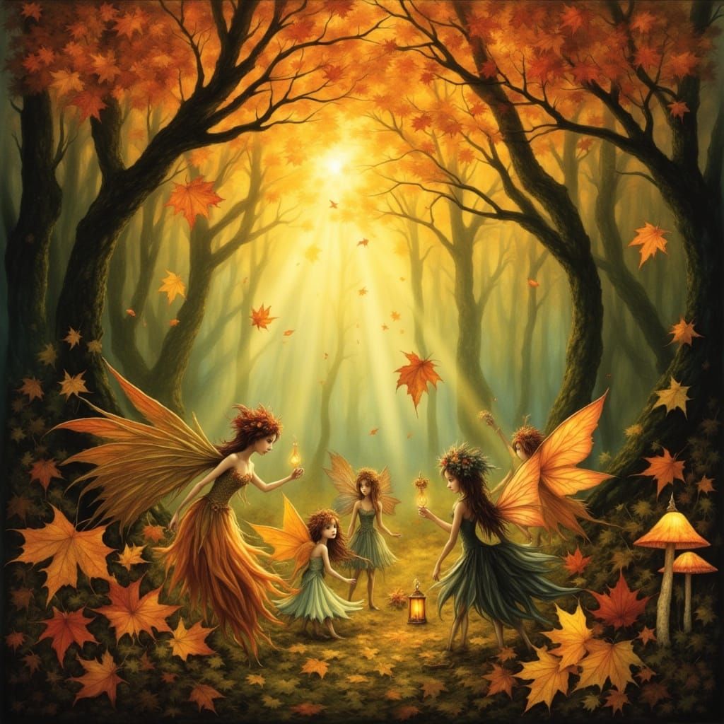 <lora:Fall Fairies 2:1.0>  fall fairy gathering