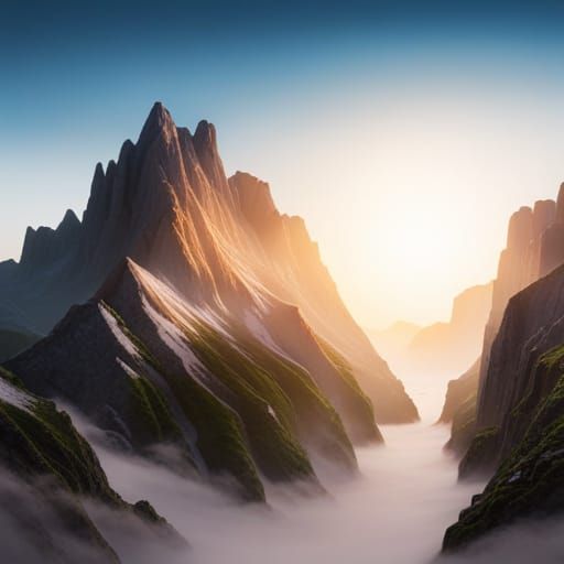Rocky mountains. Early Misty morning. Beautiful sun rays thr...
