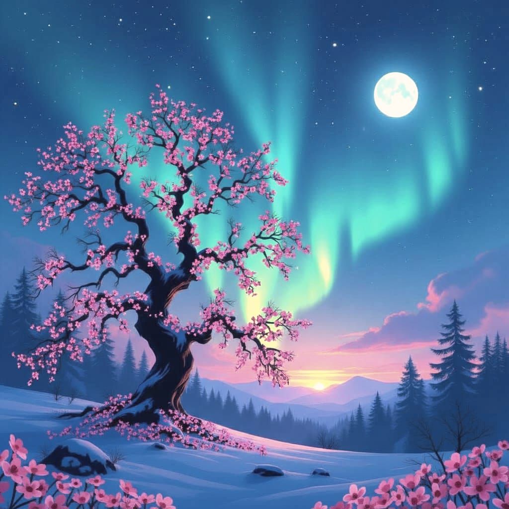 A lone, ancient tree with gnarled branches stands silhouetted against a vibrant aurora borealis above a serene, snow-dusted forest. The moon...