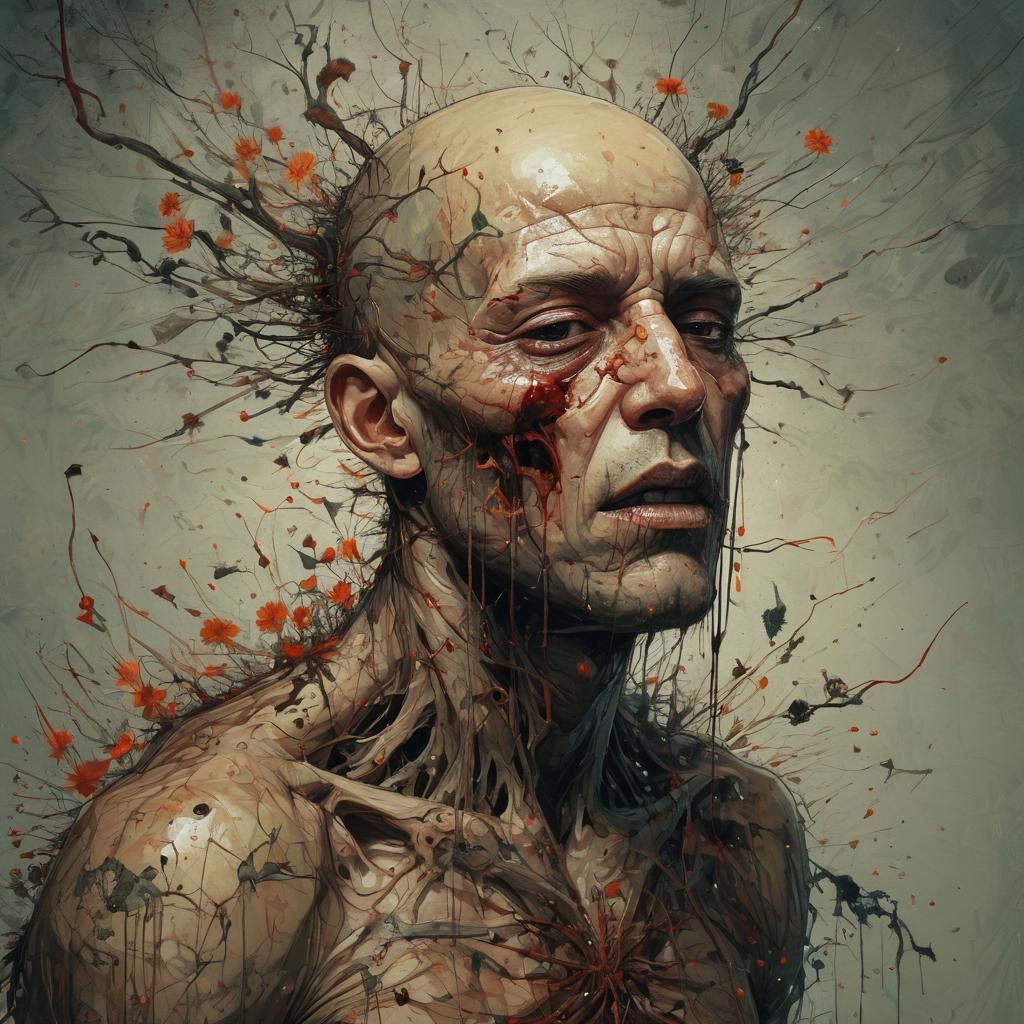 Anguish, pain, bald prince. Blood veins exploding, splatter,...