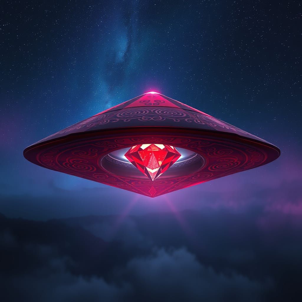 Red Diamond-Shaped UFO in Starry Night Sky