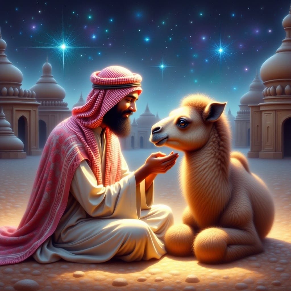 whimsical painterly fantasy artistic painting <lora:FiosFantasyGlow:1.0> :  Male adult, in traditional Saudi Arabian attire, sits on ground,...