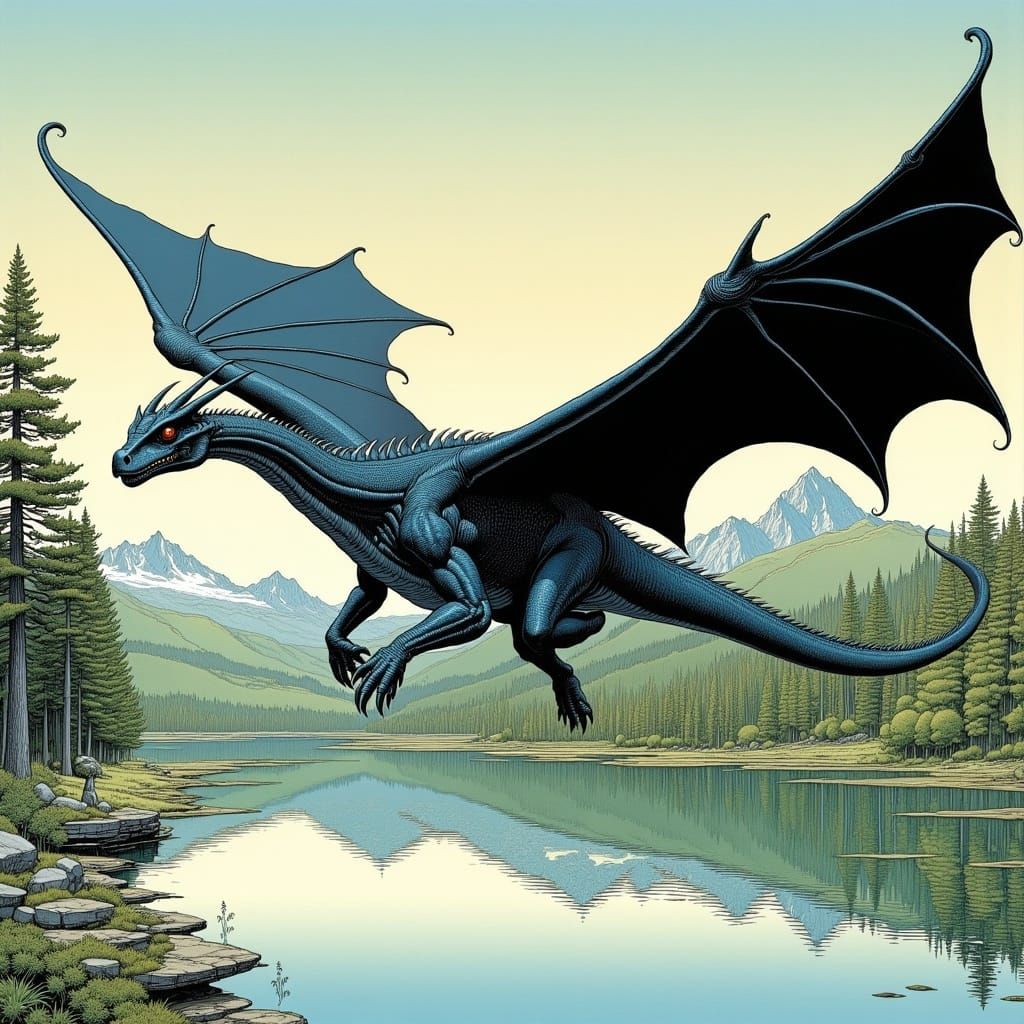  <lora:MObius Flux:1.0> A black dragon flying over a lake, illustration by Moebius, highly detailed, correct anatomy and proportions