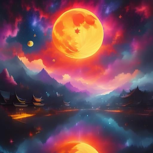 <lora:Spirit World:1.0> Japanese art. twilight sky illuminated from within. brilliant stars, Massive moon, glowing stars, glowing skydrippin...