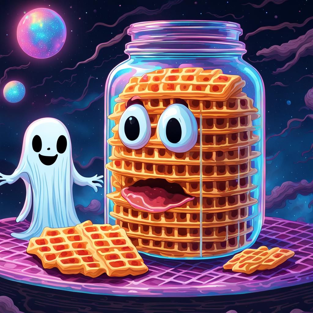 A jar with a cute ghost inside eating cheesy bacon waffle fries   by @AJ_Ghostie Artist Adventures