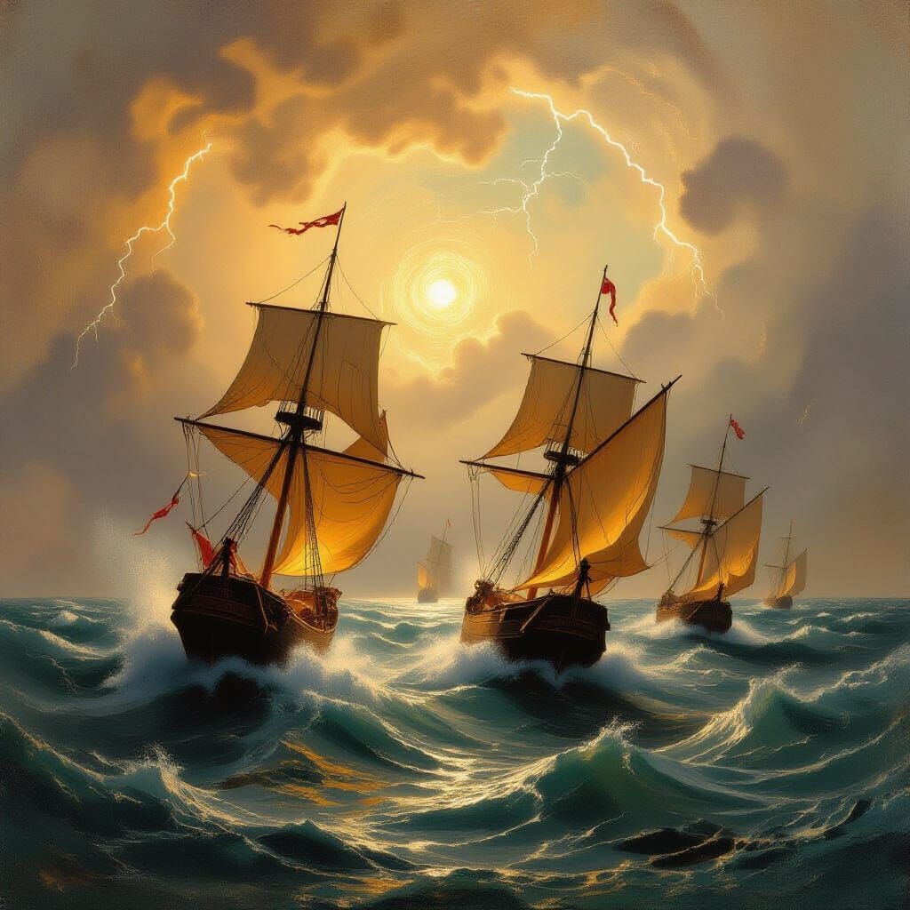 Storm and sea collide in a fury of gold and ash. Ships twist helplessly in the gale.