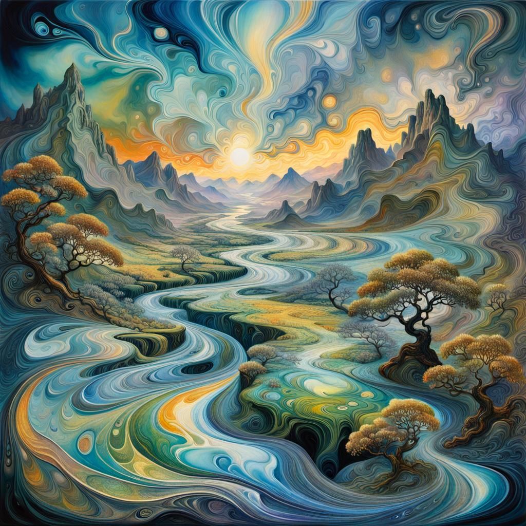 Iridescent Rainy Landscape in Suminagashi Marbling Style