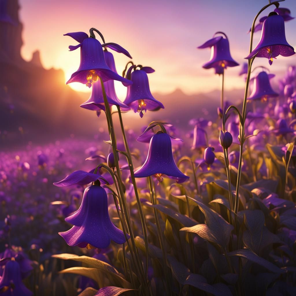 violet bell flowers in a field sunset   by @Lotusflower